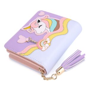 UTO Wallet for Girls Cute Unicorn Leather Vegan Small Women Tassel Rainbow Pendant Card Holder Kawaii Coin Purse