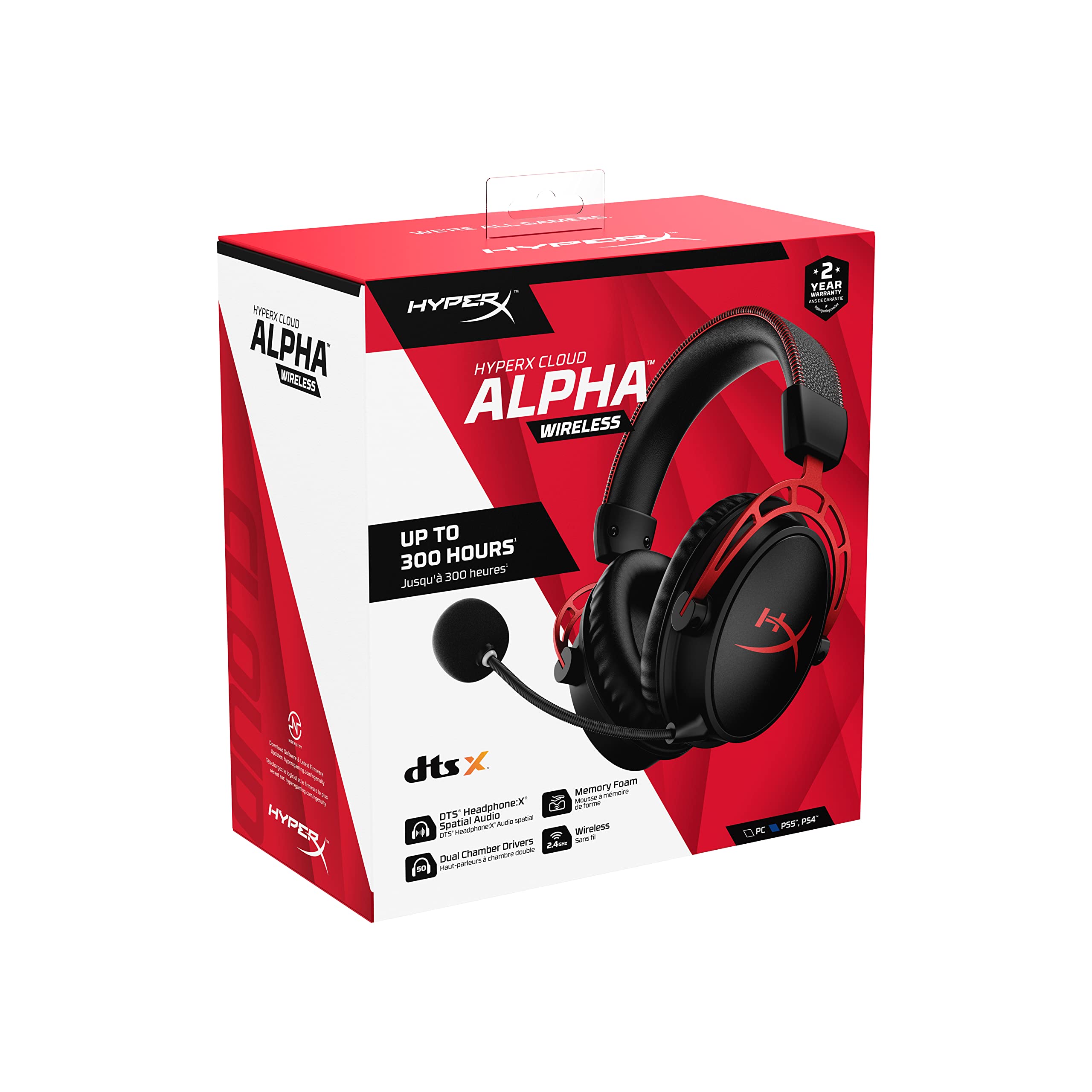 HyperX Cloud Alpha Wireless Gaming Headset for PC with DTS Headphone:X Spatial Audio, Noise-Canceling Mic, Dual Chamber Drivers, Durable Aluminum Frame - 300-Hour Life, Red (Renewed)