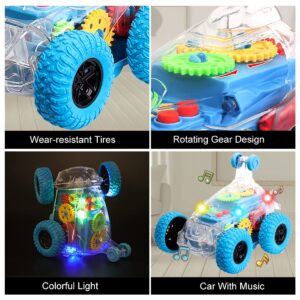 TAKIHON Car Toys for Boys,Monster Trucks with Music&Light,360° Rotating Stunt Cars,Transparent Mechanical Gear Flip Vehicles Toys,Gift for Kids,Toddlers