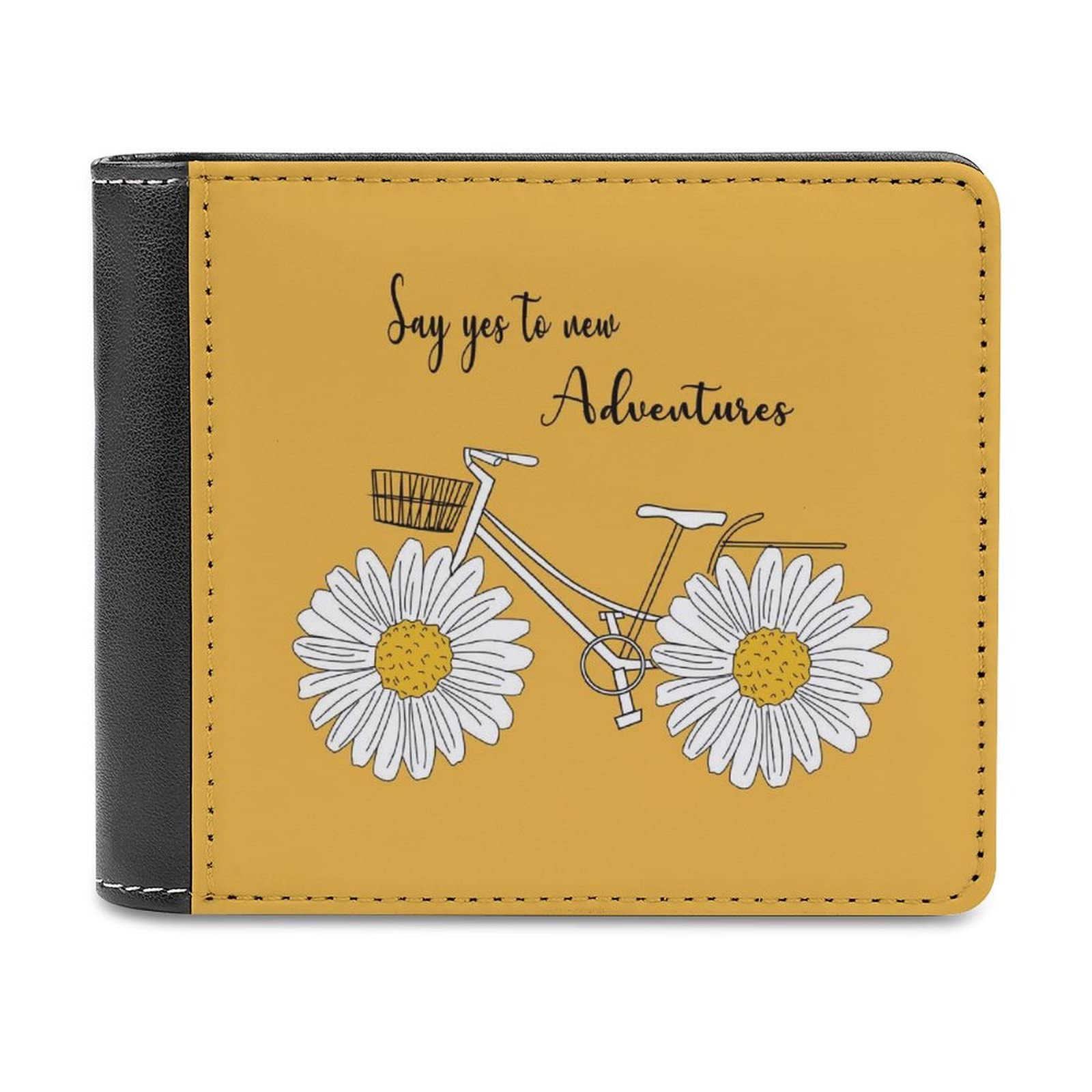 Donnapink White Daisy Flower with Quotes Say Yes to New Adventure on Yellow Soft PU Leather Bifold Wallet, Coin Purse Credit Pass Case, Durable Card-Holder Slim Billfold for Men Woman Money Storage