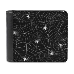 donnapink retro halloween black white spider webs with white spiders on black soft pu leather bifold wallet, coin purse credit pass case, durable card-holder slim billfold for men woman money storage