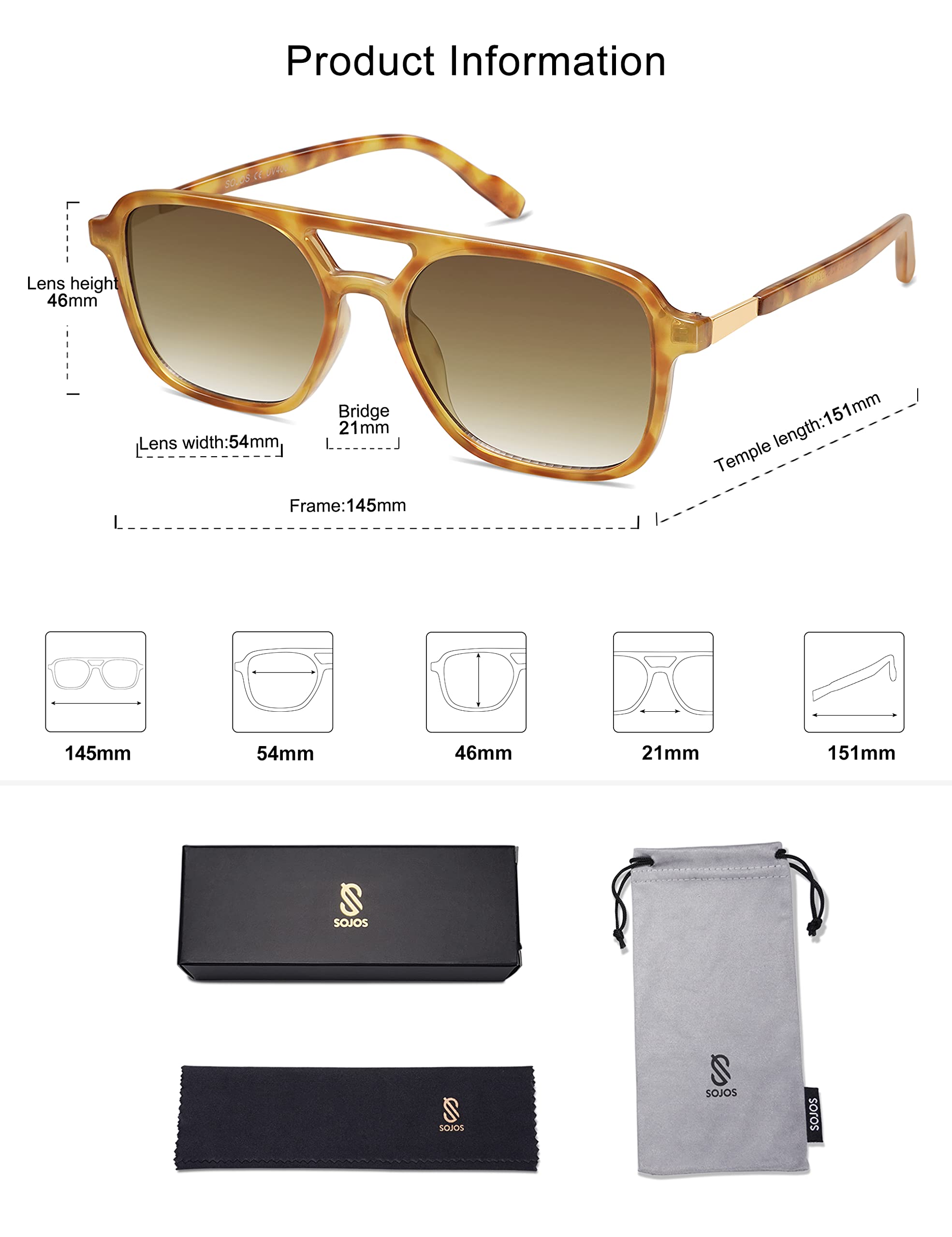 SOJOS Retro Aviator Sunglasses for Women Men,Trendy Rectangle Womens Mens Shades Sun Glasses SJ2202 Yellow Tortoise Frame Grey Lens