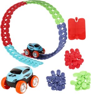 car and flexible track playset create a engineering road gifts for 3 4 5 6 7 8 9 10 11 year old. race tracks toys for kids boys and girls, best toys for boys and girls (car + 46 track parts)