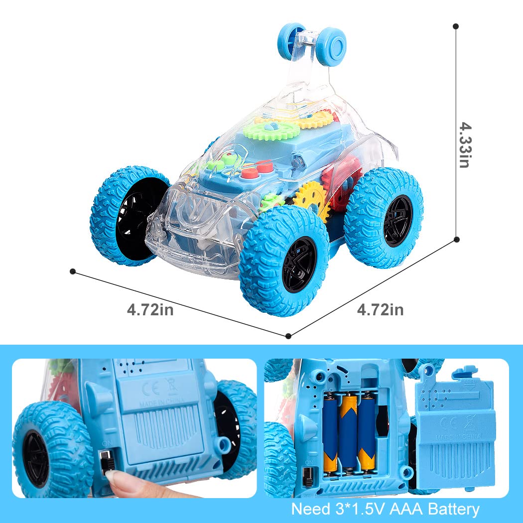 TAKIHON Car Toys for Boys,Monster Trucks with Music&Light,360° Rotating Stunt Cars,Transparent Mechanical Gear Flip Vehicles Toys,Gift for Kids,Toddlers