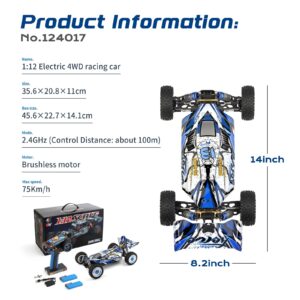 CKYSCHN WLtoys 124017(V2) Fast RC Car, 1/12 Brushless RC Car, 75km/h 4x4 Hobby RC Buggy Cars with Independent ESC for Adults, Fast Remote Control Truck Car with 2 Battery