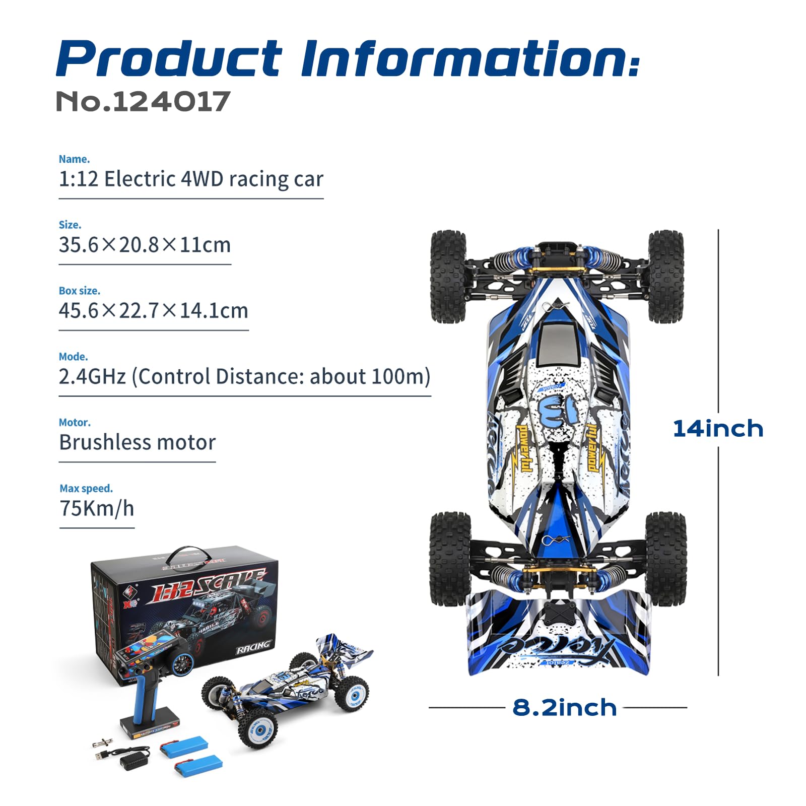 CKYSCHN WLtoys 124017(V2) Fast RC Car, 1/12 Brushless RC Car, 75km/h 4x4 Hobby RC Buggy Cars with Independent ESC for Adults, Fast Remote Control Truck Car with 2 Battery