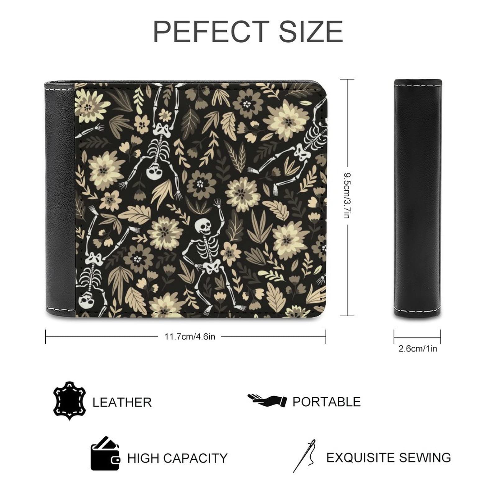 Donnapink Vintage Halloween Dancing Skeletons Sugar Skull Flowers on Black Soft PU Leather Bifold Wallet, Coin Purse Credit Pass Case, Durable Card-Holder Slim Billfold for Men Woman Money Storage