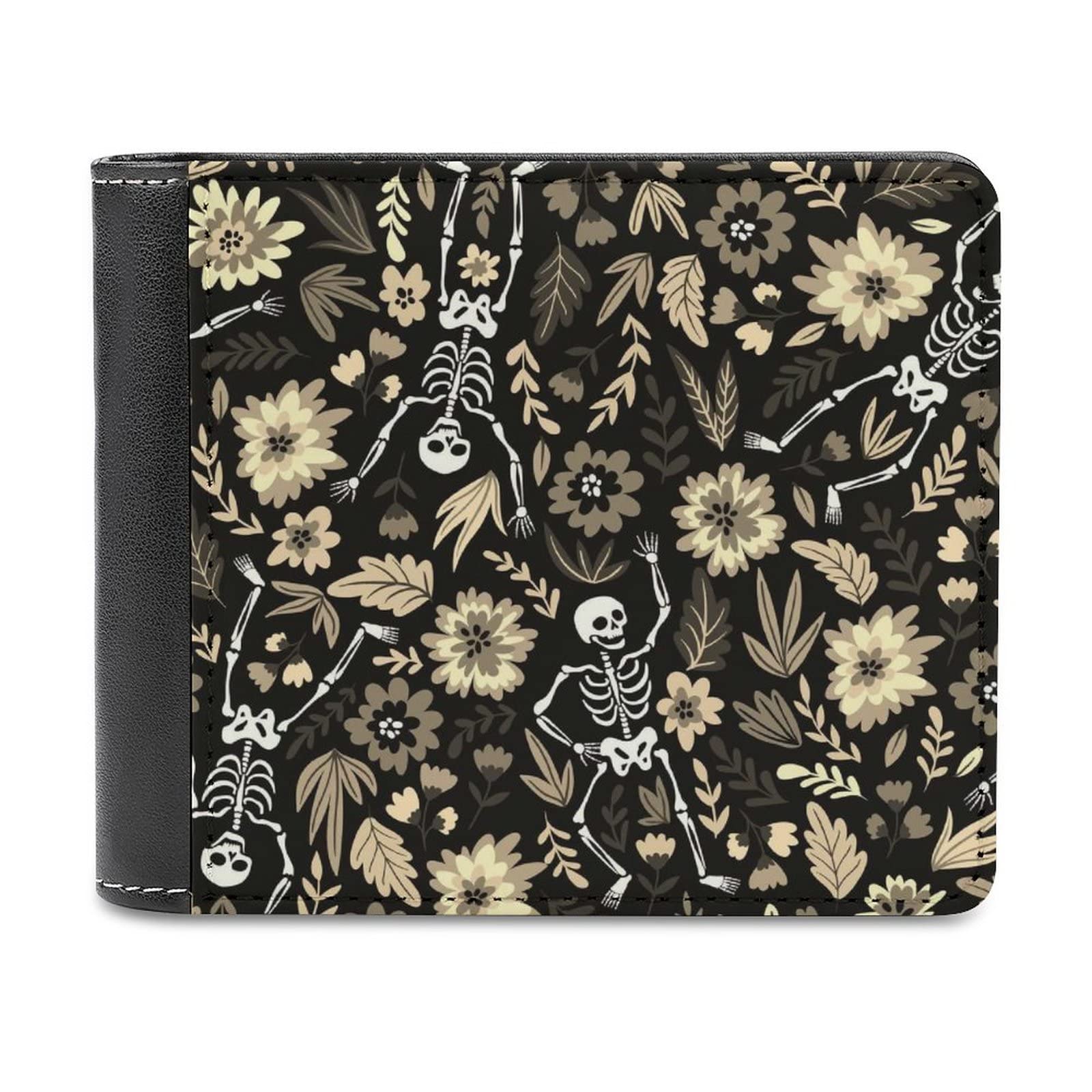 Donnapink Vintage Halloween Dancing Skeletons Sugar Skull Flowers on Black Soft PU Leather Bifold Wallet, Coin Purse Credit Pass Case, Durable Card-Holder Slim Billfold for Men Woman Money Storage