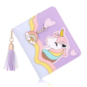 UTO Wallet for Girls Cute Unicorn Leather Vegan Small Women Tassel Rainbow Pendant Card Holder Kawaii Coin Purse