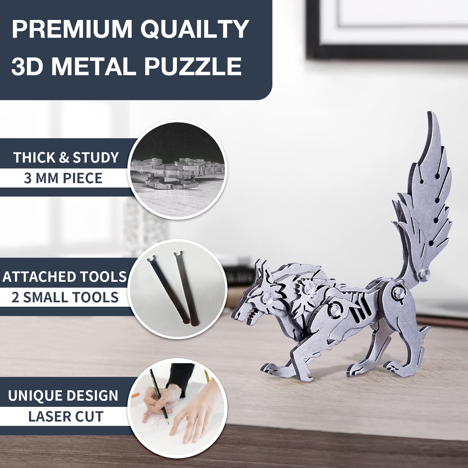 Microworld 3D Metal Puzzle, Mechanical Wolf 3D Metal Model Kits, Steel Warcraft Collection DIY Animal Brain Teasers Simple 3D Puzzles Home Decor Art Craft Gifts Toys for Adult Teens