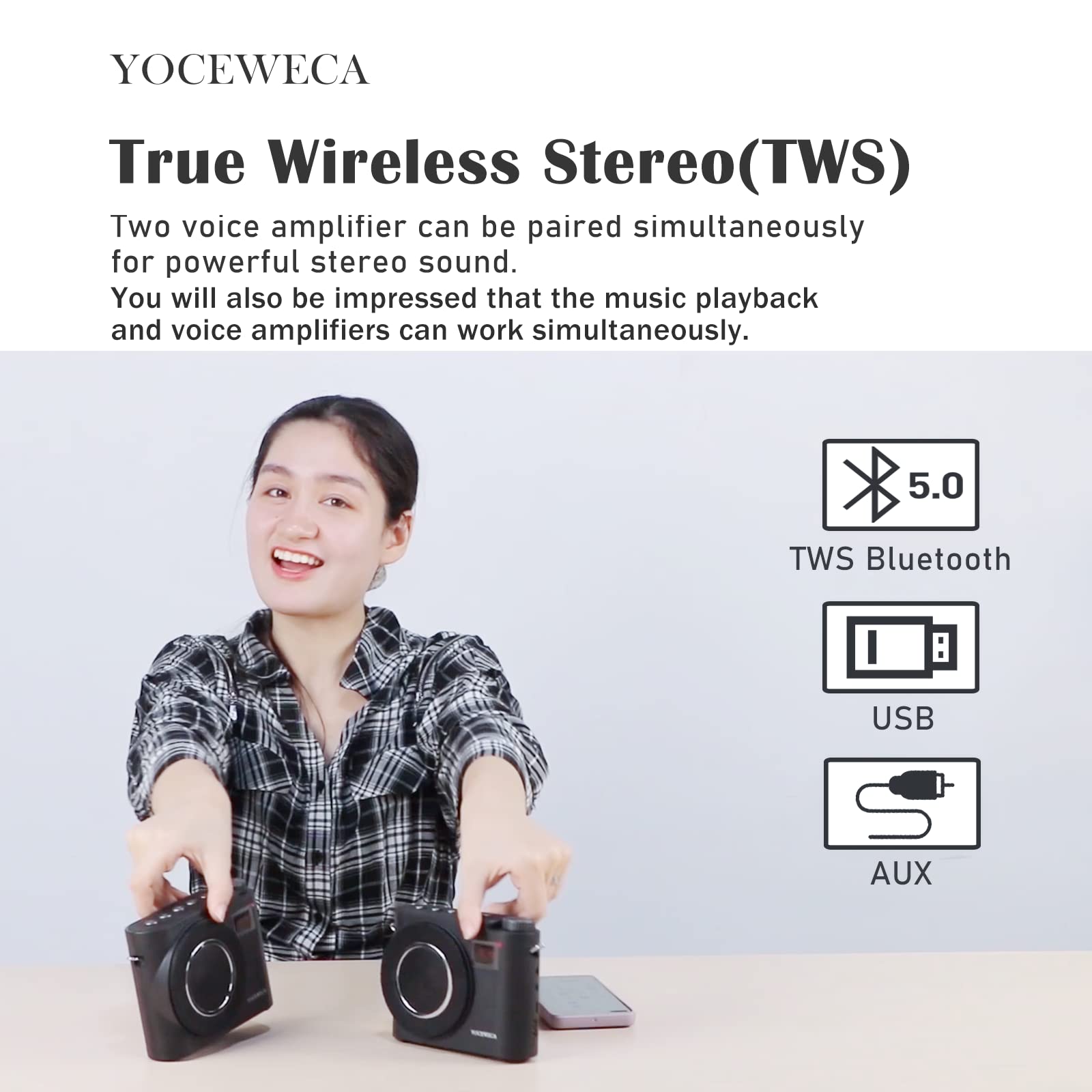 YOCEWECA Voice Amplifier with Wired Microphone Headset 20W Personal Sound Amplification Supports Mute/Bluetooth 5.0/ TWS/Recording, Portable Speaker and Mic for Teachers, Instructors,Tour Guides, etc