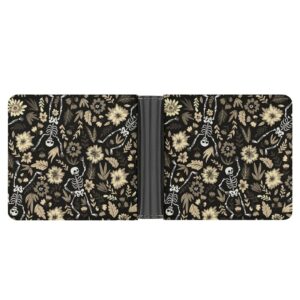 Donnapink Vintage Halloween Dancing Skeletons Sugar Skull Flowers on Black Soft PU Leather Bifold Wallet, Coin Purse Credit Pass Case, Durable Card-Holder Slim Billfold for Men Woman Money Storage