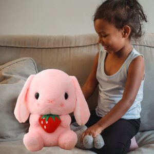 HOUPU Soft Toy - Sitting Lop Eared Rabbit, Easter White Rabbit Stuffed Bunny Animal with Carrot Soft Lovely Realistic Long-Eared Standing Pink Plush Toys (Pink-Strawberry,8.6in/22cm)