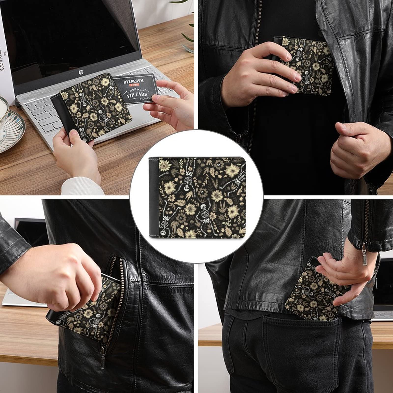 Donnapink Vintage Halloween Dancing Skeletons Sugar Skull Flowers on Black Soft PU Leather Bifold Wallet, Coin Purse Credit Pass Case, Durable Card-Holder Slim Billfold for Men Woman Money Storage