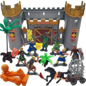 artcreativity medieval castle knights playset for kids, 27-piece deluxe action figure play set with storage bucket, assembly castle, 6 knight action figures, horse drawn carriage, catapult, and more