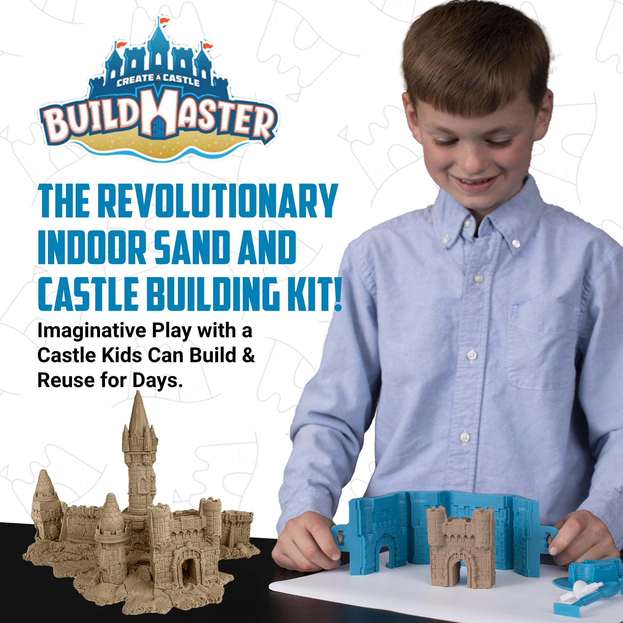 Create A Castle Indoor Sandcastle Play Sand Kit, 2.65 lbs Sensory Play Sand, BuildMaster Reusable Castle Magic Sand Toy Set for Kids, 25 Pieces and Playmat, for Kids 6+