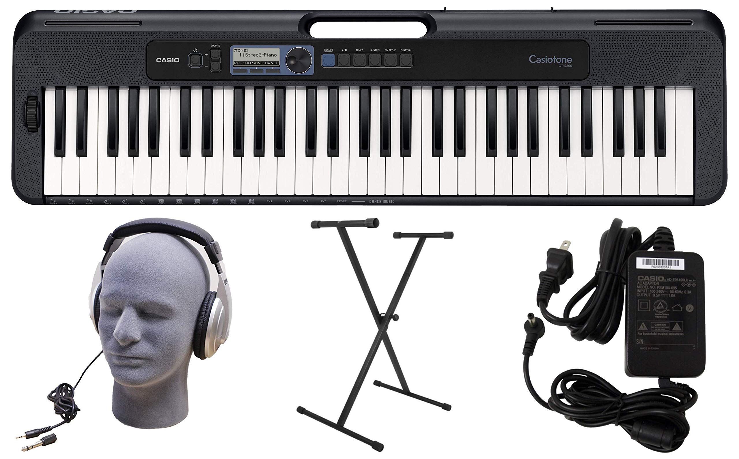 Casio CT-S300 61-Key Premium Keyboard Pack with Stand, Headphones & Power Supply + Casio ARBENCH X-Style Adjustable Padded Folding Keyboard Bench