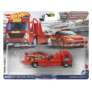 Hot Wheels Team Transport Fleet Flyer & Nissan Silvia S15, Celebrates Racing Experience & Car Culture, Premium Vehicles, 1:64 Scale Car & Transport, Gift for Race Fans & Toy Car Collectors