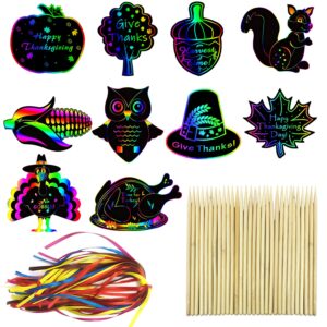 aviski 80pcs thanksgiving rainbow scratch art, fall paper crafts for kids, thanksgiving day pumpkin maple turkey hanging ornament decorations, art craft supplies for home tree classroom decor