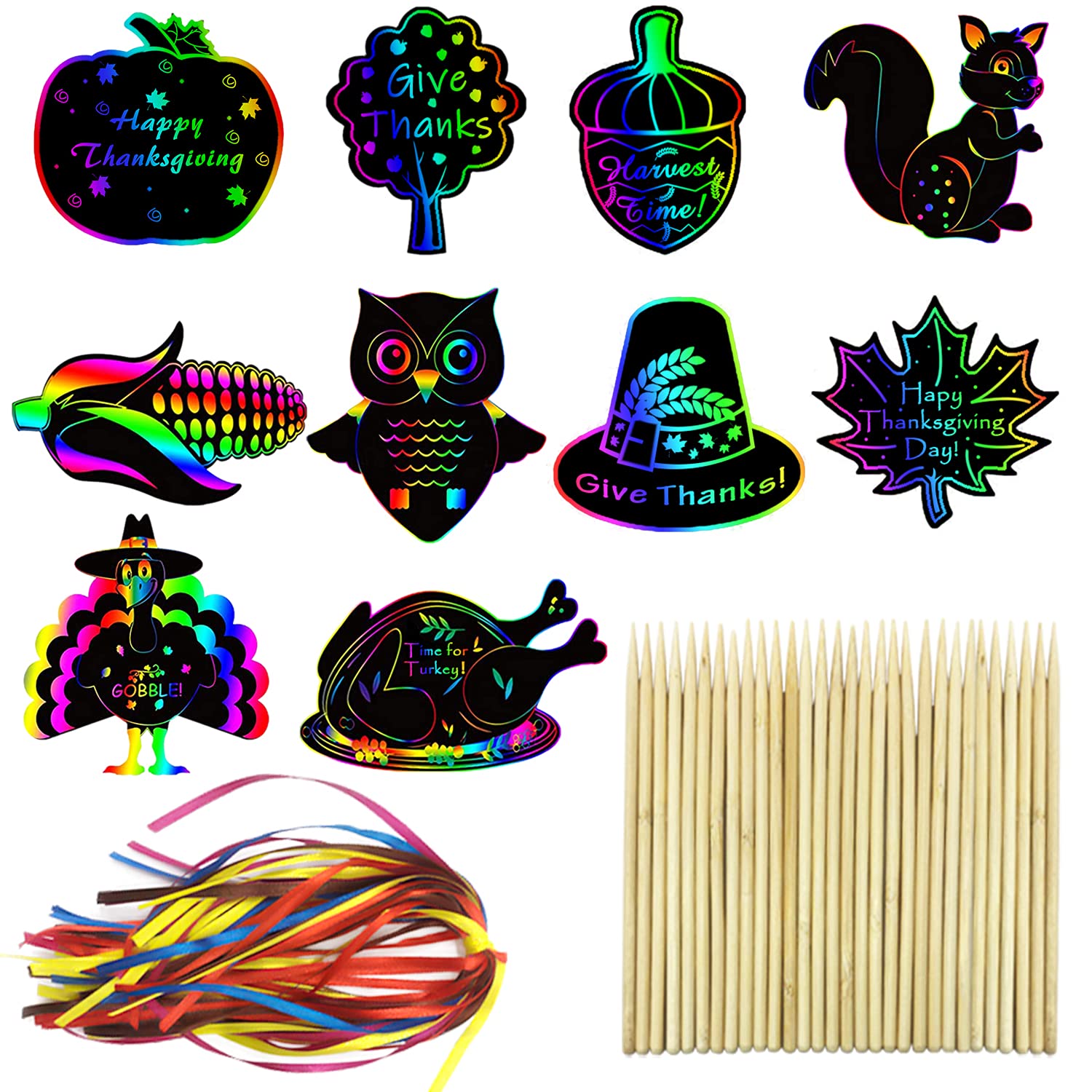 Aviski 80PCS Thanksgiving Rainbow Scratch Art, Fall Paper Crafts for Kids, Thanksgiving Day Pumpkin Maple Turkey Hanging Ornament Decorations, Art Craft Supplies for Home Tree Classroom Decor