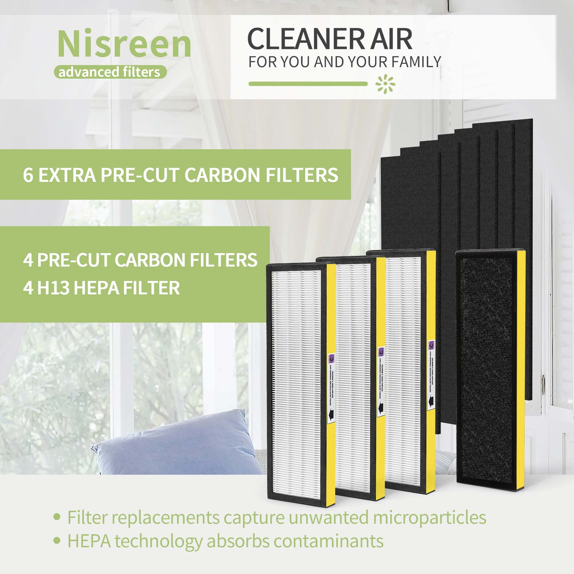 Nisreen FLT5000 Filter C Replacement Compatible with Germ-Guardian Air Puri-fier Filter Replacement, for 28" Air Puri-fier Model AC5250PT AC5000E AC5300B AC5350W, 4 HEPA and 6 Pre-Filter