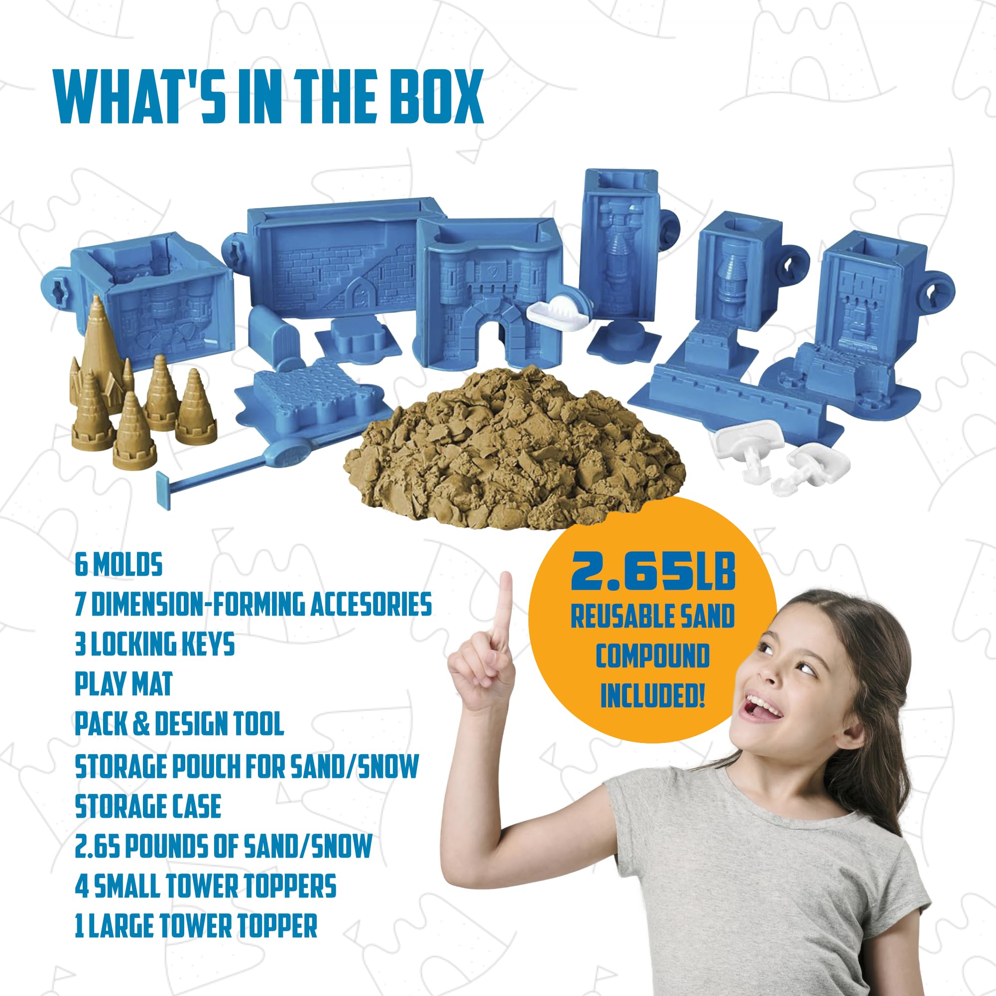 Create A Castle Indoor Sandcastle Play Sand Kit, 2.65 lbs Sensory Play Sand, BuildMaster Reusable Castle Magic Sand Toy Set for Kids, 25 Pieces and Playmat, for Kids 6+