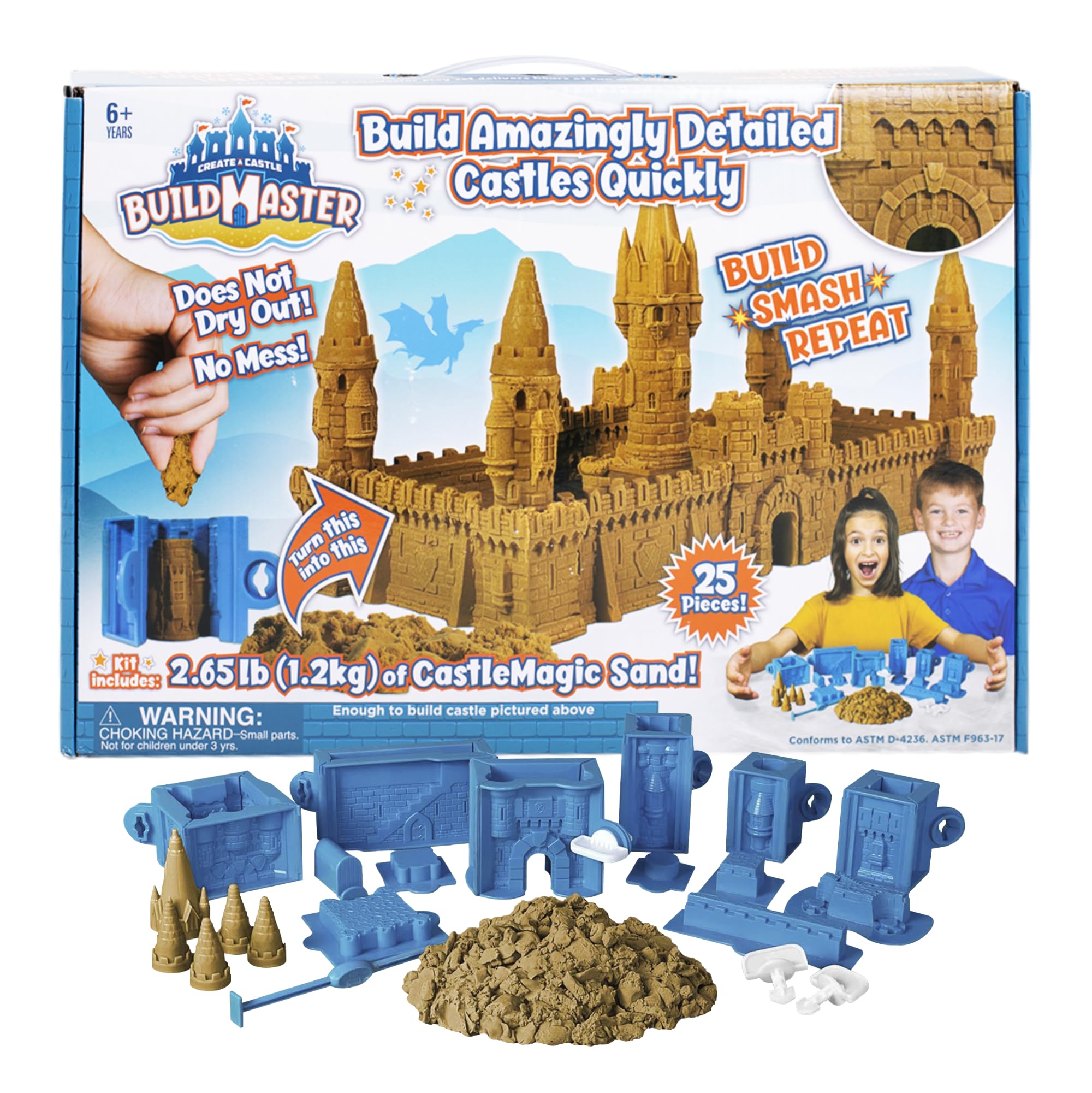 Create A Castle Indoor Sandcastle Play Sand Kit, 2.65 lbs Sensory Play Sand, BuildMaster Reusable Castle Magic Sand Toy Set for Kids, 25 Pieces and Playmat, for Kids 6+