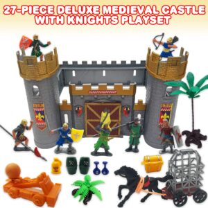 ArtCreativity Medieval Castle Knights Playset for Kids, 27-Piece Deluxe Action Figure Play Set with Storage Bucket, Assembly Castle, 6 Knight Action Figures, Horse Drawn Carriage, Catapult, and More