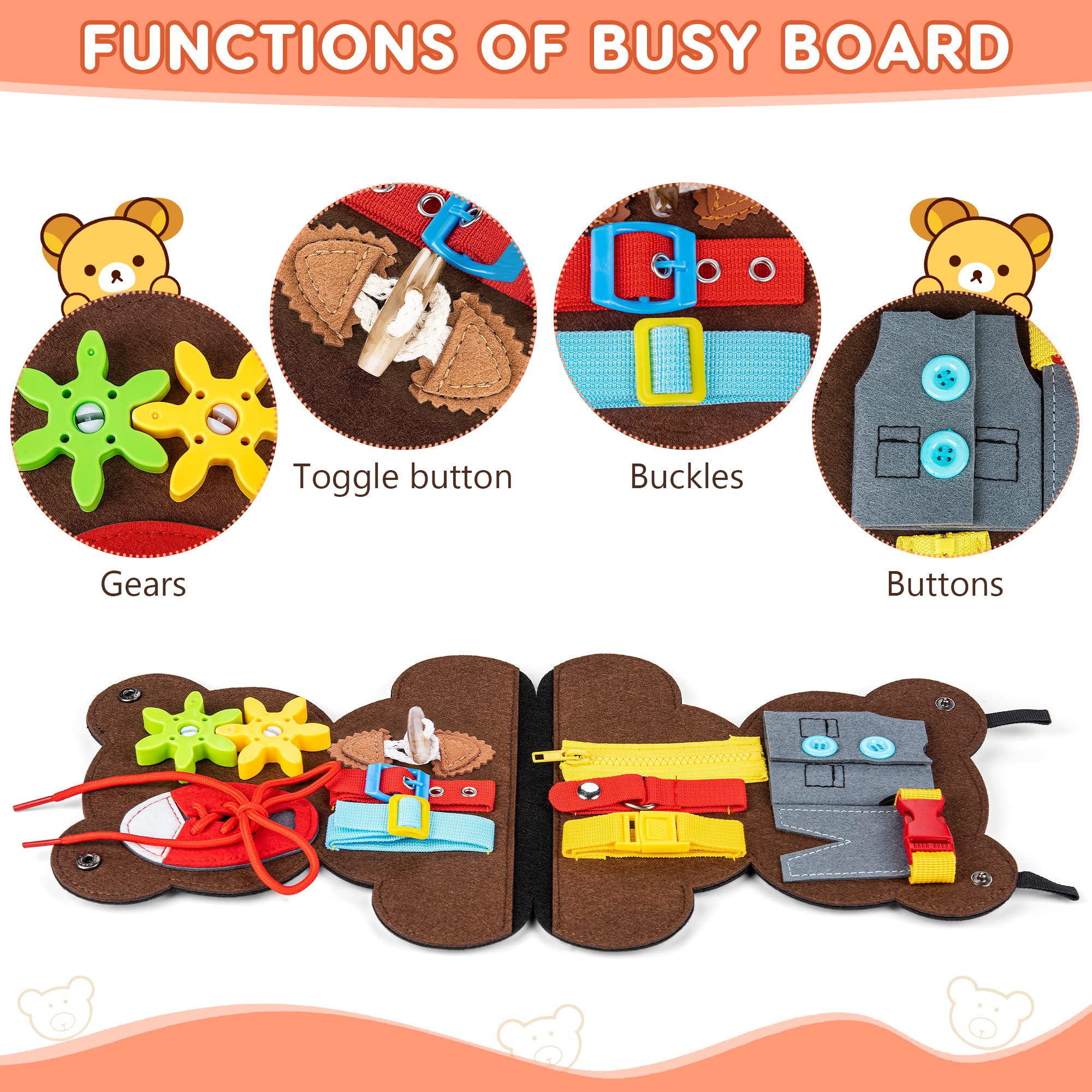 Esli Esli Teddy Busy Board for Toddlers, Sensory & Fine Motor Skill Toddler Activities for Travel Airplane Car, Montessori Toys Gifts for 3 4 5 Year Old Boys Girls, Learning Toys for Toddlers