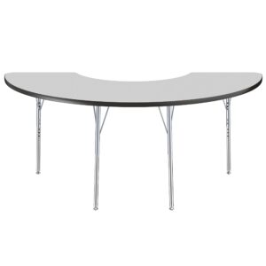 factory direct partners 10077-149 half moon activity school and office table (36" x 72"), silver standard legs with swivel glides, adjustable height 19-30" - gray top and black edge