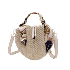 dajingkj fashion ribbon beach bag heart shaped purse handheld straw bag shoulder messenger bag for women (creamy-white)