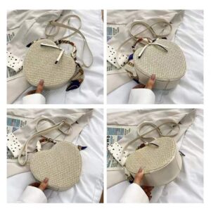 Dajingkj Fashion Ribbon Beach Bag Heart Shaped Purse Handheld Straw Bag Shoulder messenger bag for Women (creamy-white)