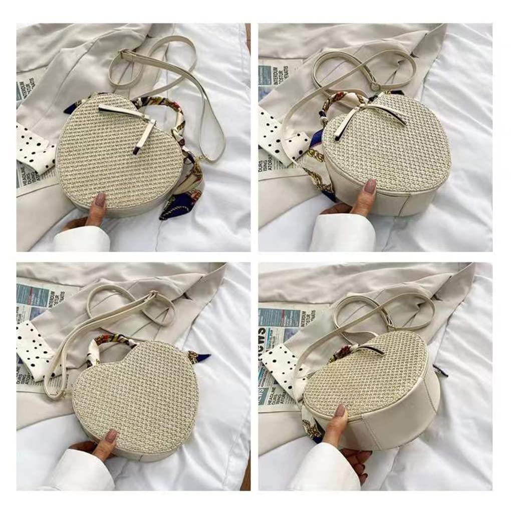 Dajingkj Fashion Ribbon Beach Bag Heart Shaped Purse Handheld Straw Bag Shoulder messenger bag for Women (creamy-white)