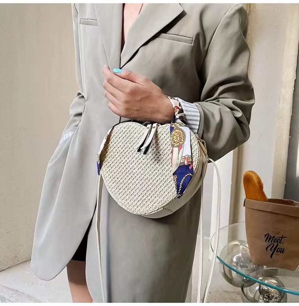 Dajingkj Fashion Ribbon Beach Bag Heart Shaped Purse Handheld Straw Bag Shoulder messenger bag for Women (creamy-white)