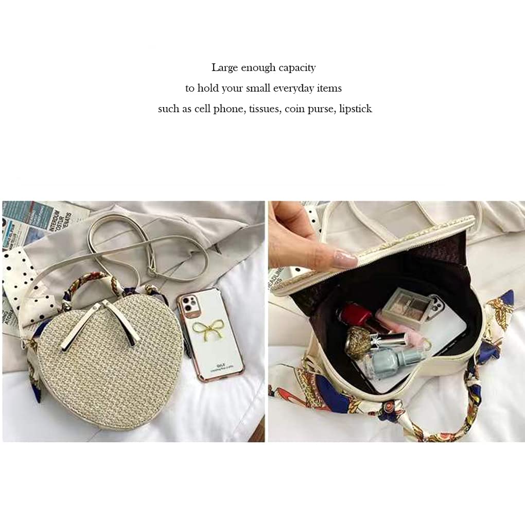 Dajingkj Fashion Ribbon Beach Bag Heart Shaped Purse Handheld Straw Bag Shoulder messenger bag for Women (creamy-white)