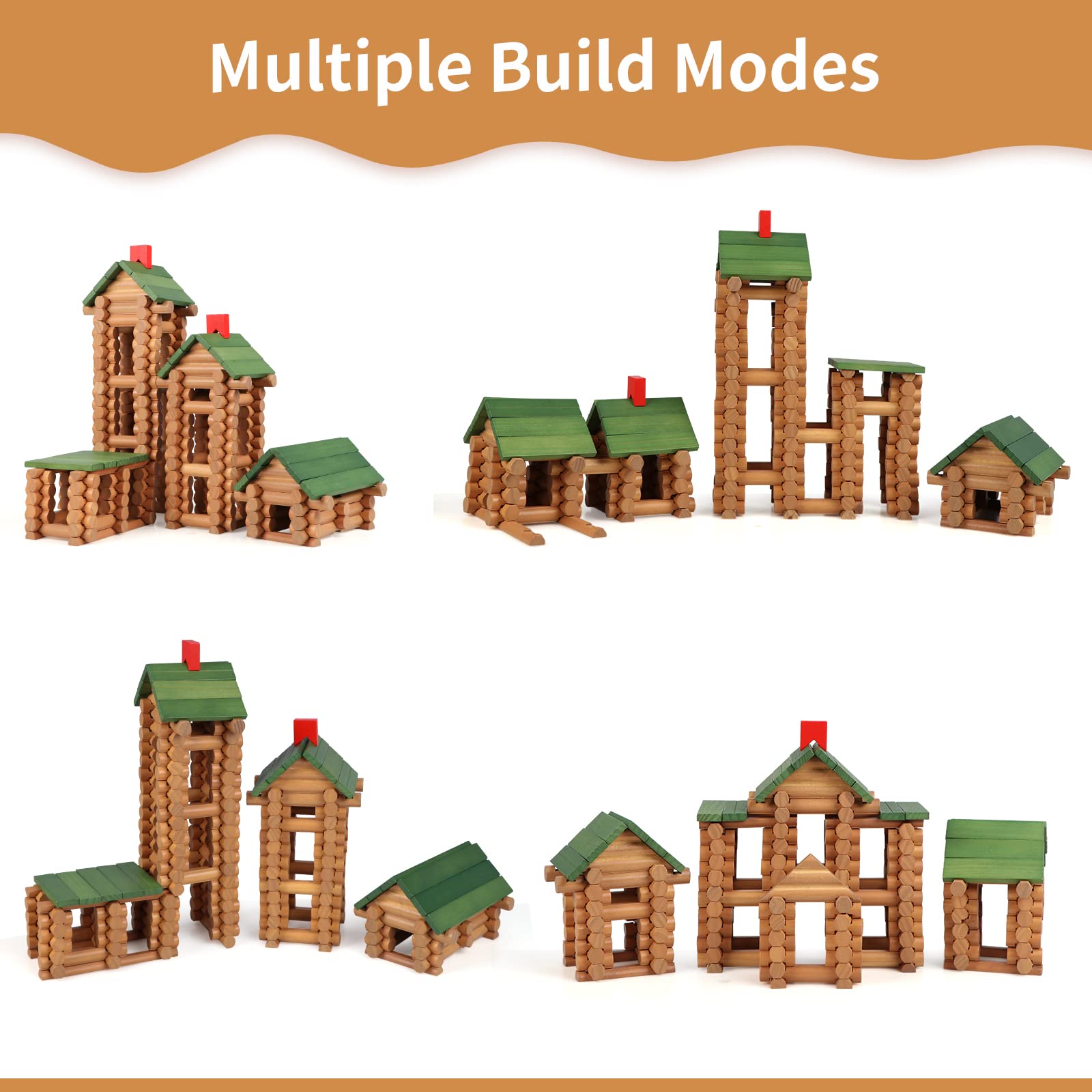 Wondertoys 328 Pcs Wooden Logs Set Ages 3+, Classic Building Log Toys for Kids, Creative Construction Engineering Educational Gifts