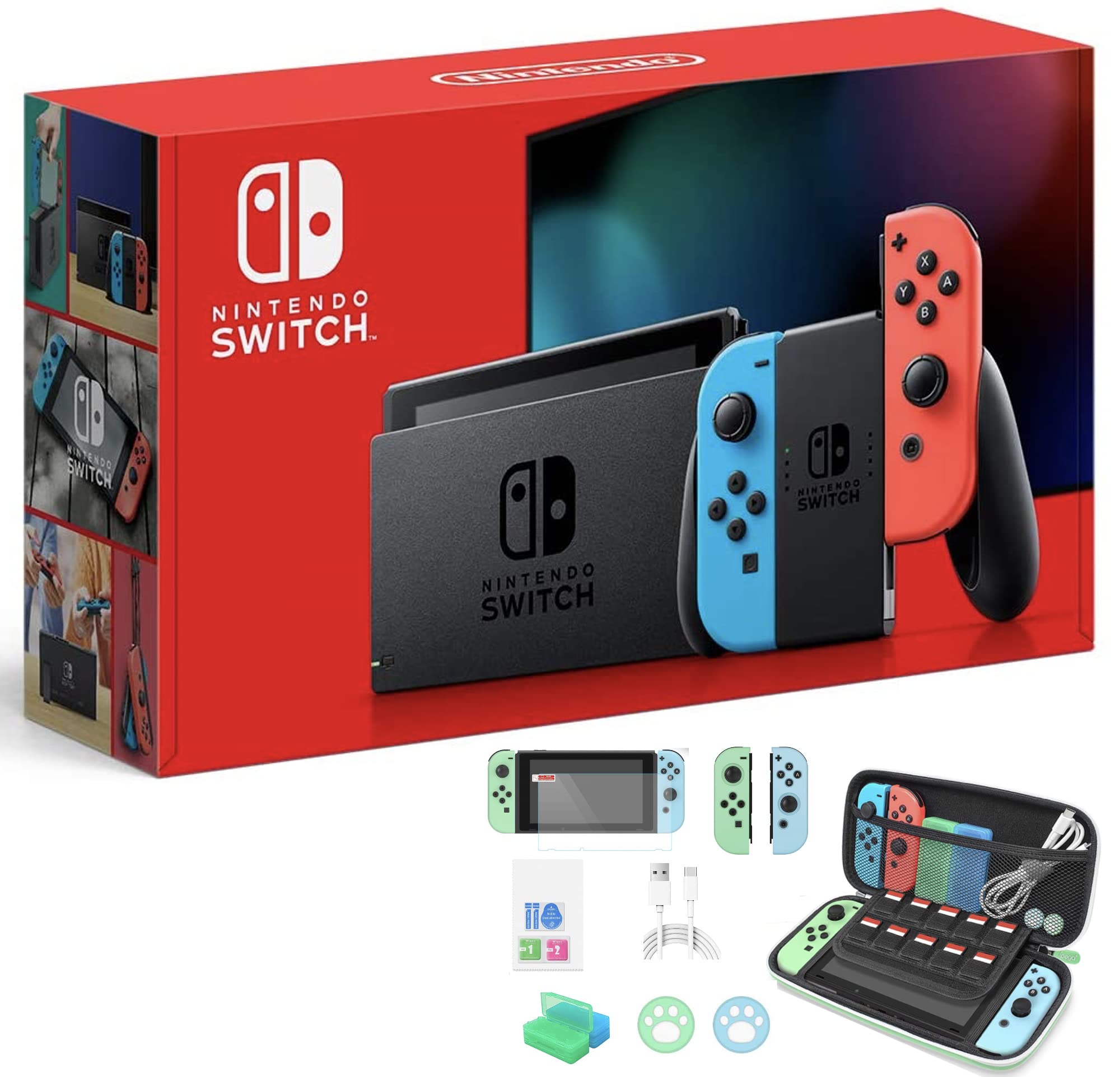 Nintendo Newest Switch 32GB Console with Neon Blue and Neon Red Joy-Con, 6.2" Touchscreen 1280x720 LCD Display, 802.11AC WiFi, Bluetooth 4.1 + MarXsol_12-in-1 Accessories Holiday Bundle