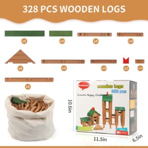 Wondertoys 328 Pcs Wooden Logs Set Ages 3+, Classic Building Log Toys for Kids, Creative Construction Engineering Educational Gifts