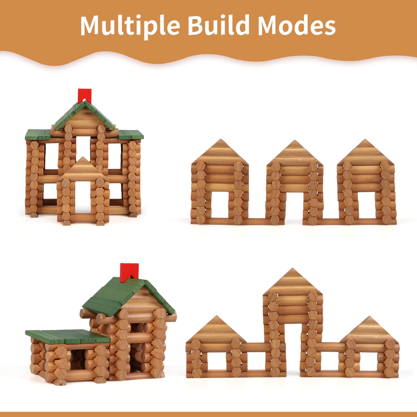 Wondertoys 328 Pcs Wooden Logs Set Ages 3+, Classic Building Log Toys for Kids, Creative Construction Engineering Educational Gifts