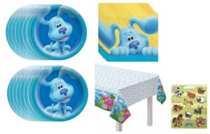 blue's clues baby birthday party supplies bundle pack includes dessert cake paper plates, napkins, table cover (bundle for 16)