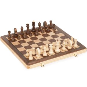 lingle 15 inch travel wooden folding chess set w/ 3 inch kh chess pieces- walnut & maple inlay board games