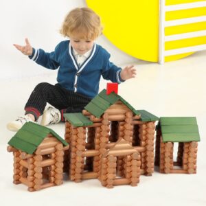 Wondertoys 328 Pcs Wooden Logs Set Ages 3+, Classic Building Log Toys for Kids, Creative Construction Engineering Educational Gifts