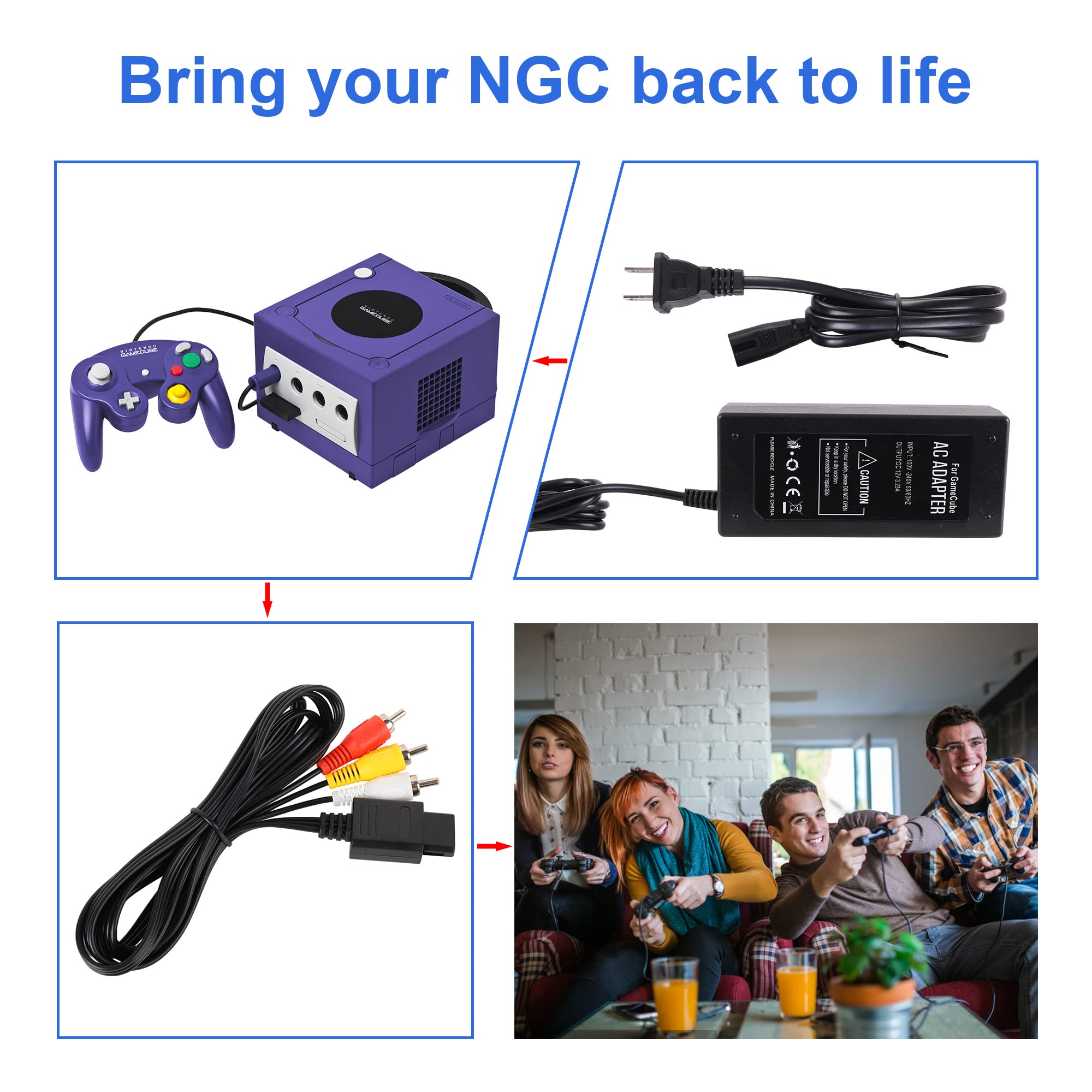 Power Supply and AV Cable for Gamecube, NGC AC Power Adapter & AV Cable Set, Power Cord and AV Cable Compatible with Nintendo Gamecube Console