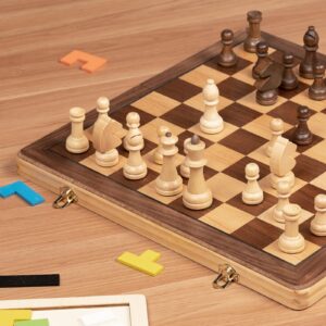 Lingle 15 Inch Travel Wooden Folding Chess Set w/ 3 Inch Kh Chess Pieces- Walnut & Maple Inlay Board Games