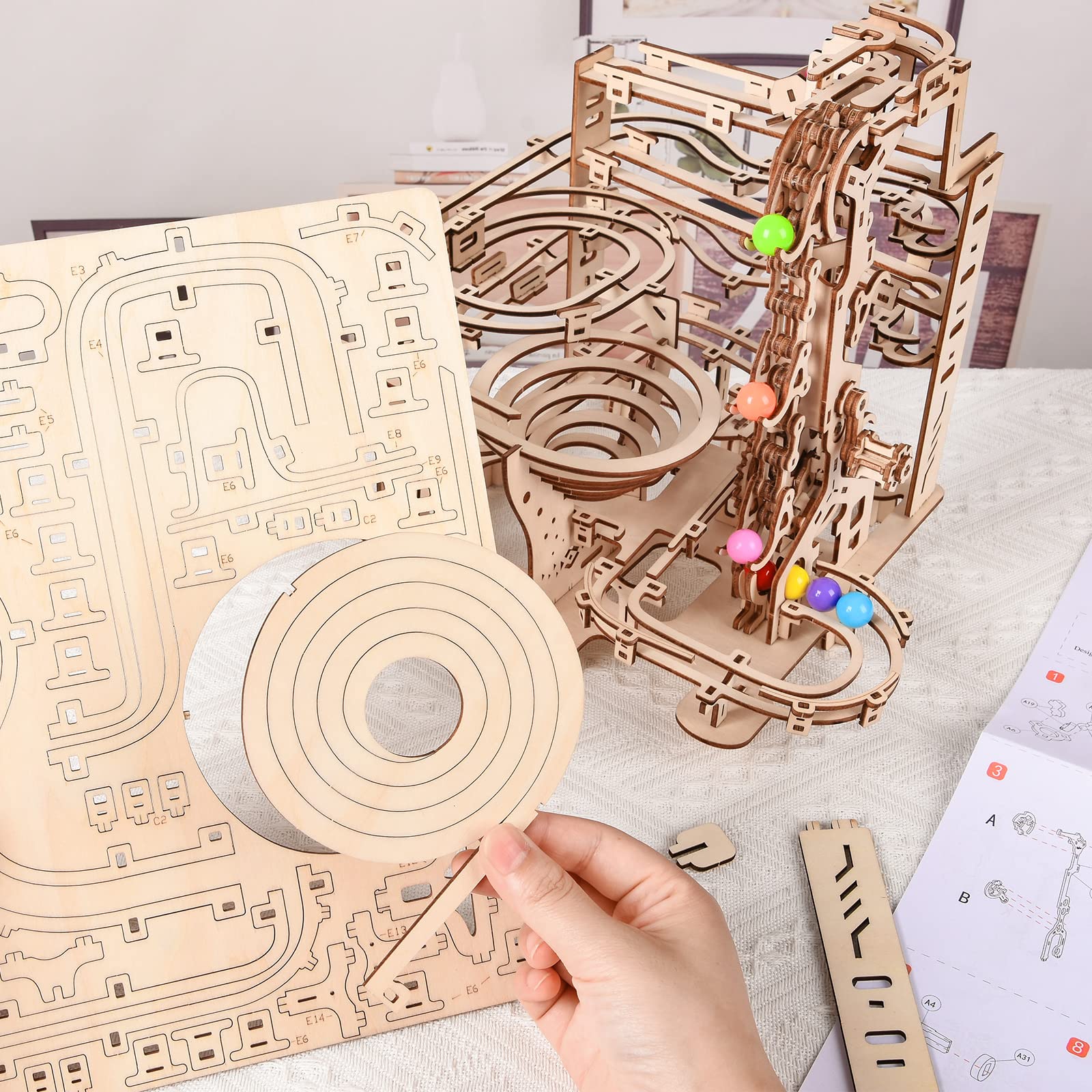 3D Wooden Puzzle Marble Running Kit - Mechanical Model Building Kit for Adults, Puzzle Brain Teaser Assembly Model, DIY Wooden Puzzle Hobby Toy Gift for Adults and Teens