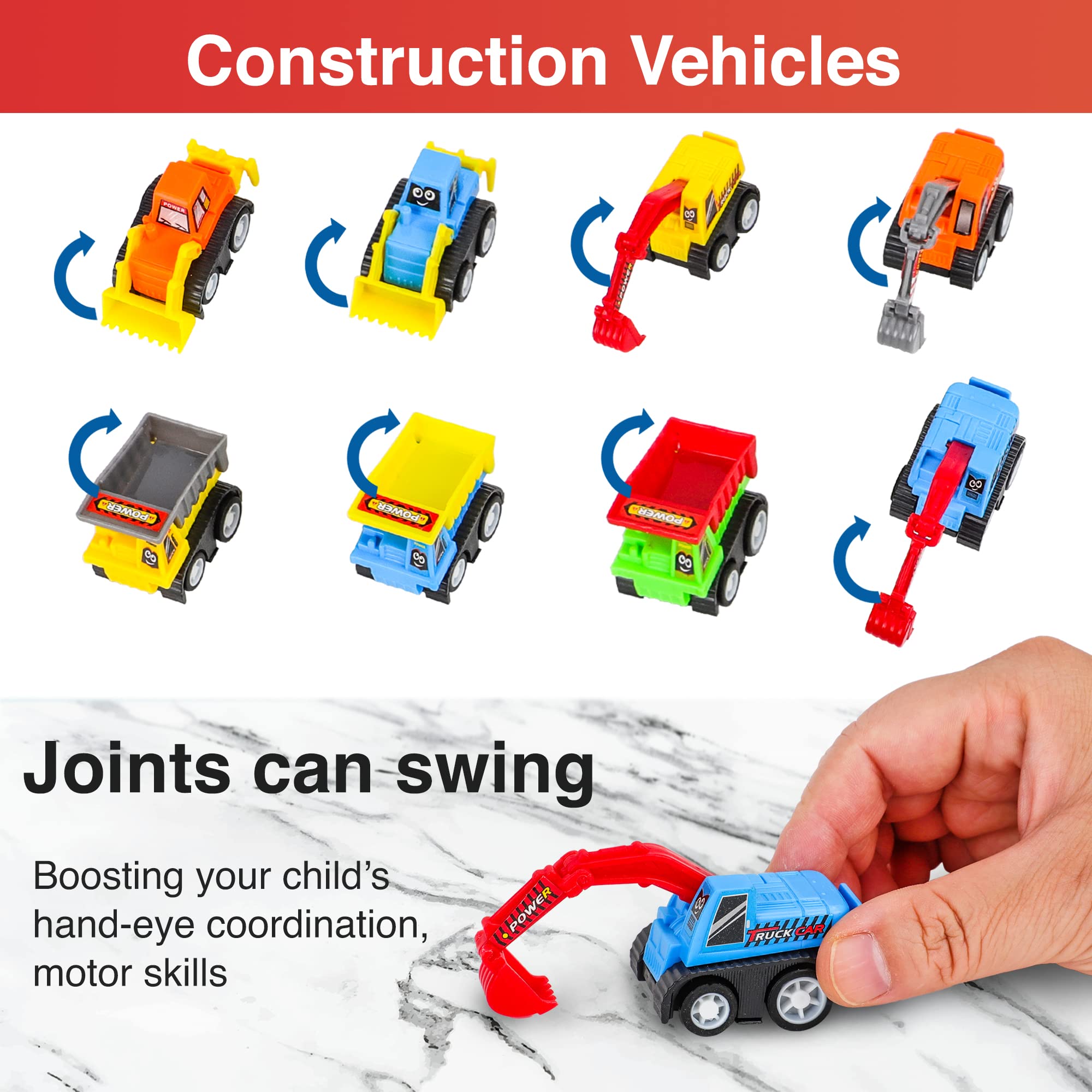 Mini Cars for Toddlers - Set of 20 Pull Back Race Cars and Construction Trucks and Cars for Toddlers Age 3+