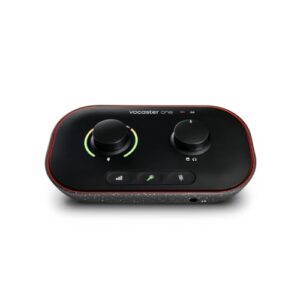 focusrite vocaster one — podcasting interface for recording as a solo creator. use auto gain, enhance, and mute for easy podcasting. small, lightweight, and powered by computer