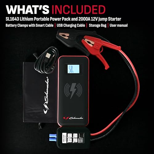 Schumacher Electric Lithium Jump Starter and Portable Power Pack SL1643, 4-in-1, 2000A, 12V, 10W wireless and 3A USB charging- works on cars, trucks, motorcycles, marine batteries, SUVs, and more