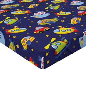 Ambesonne Cartoon Airplane Fitted Sheet Set, Funny Submarine Car Heli Pattern with Starry Ornaments on Indigo Tone Back, Bed Cover with All-Round Elastic Deep Pocket 2 Pcs, Full Size, Multicolor