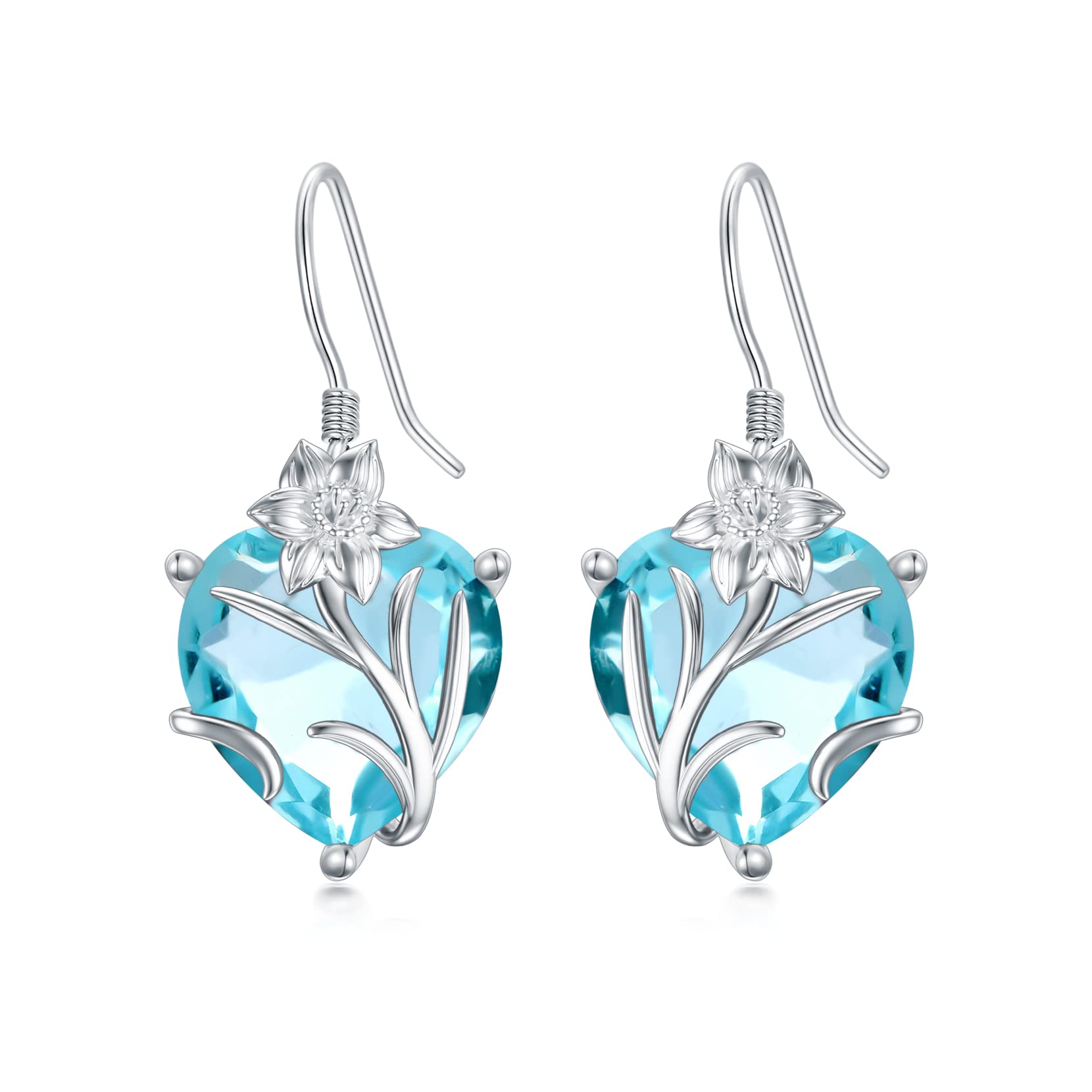 TOUPOP March Birth Flower Earrings 925 Sterling Silver Daffodils Floral Dangle Drop Hooks Earrings with Heart Aquamarine Birthstone Birthday Birth Moth Flower Jewelry Gifts for Women